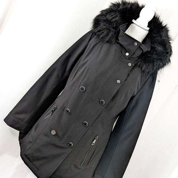 CALVIN KLEIN! LUXE FAUX FUR TRIMMED BLACK MICROFIBER PARKA, JACKET, COAT! SZ L - Picture 1 of 12